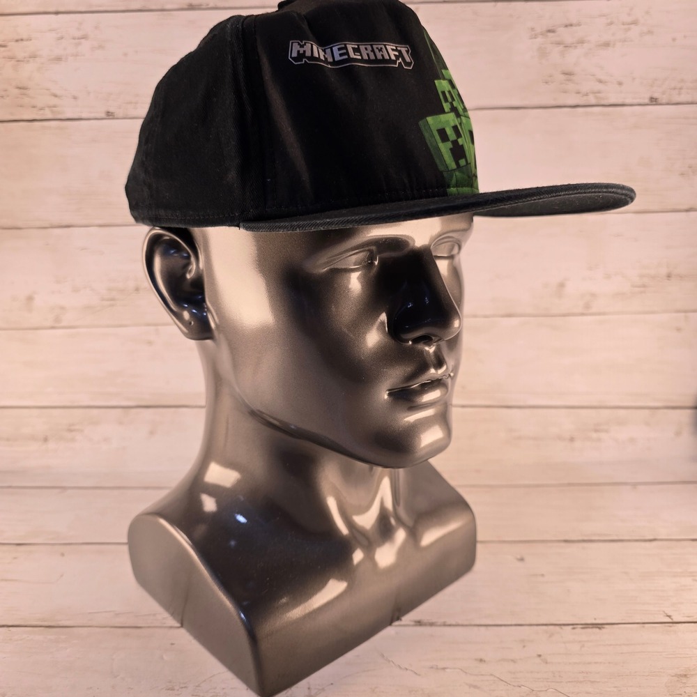 Minecraft Creeper Snapback Hat Black Green Flat Brim Adjustable Gamer Cap